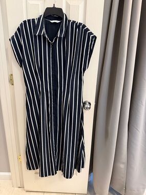 Nine West Navy and White Vertical Stripe Midi Shirt Dress
